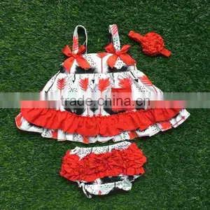 Infant Baby Girls Boutique Clothing Sets Toddler Outfits Baby Feather Red Swing Top Outfits With Match Headband thumbnail-1