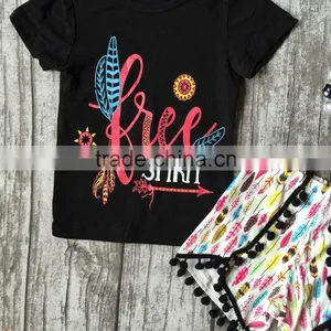 Baby Girls Summer Clothes Girls Children Spirit Girl Outfits Kids Arrow Outfits Black Top With Feather Shorts With Accessories thumbnail-2