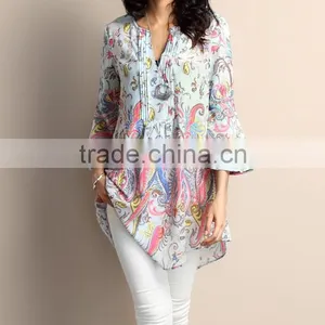 New Design Women Tops With Light Blue Paisley Chiffon Notch Neck Bell-Sleeve Tunic Women Blouse Women Clothes GD90426-29 thumbnail-1