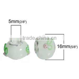 Round Silver Plated Core Light Green Flower Pattern Enamel European Style Large Hole 10mm Lampwork Glass Beads thumbnail-2