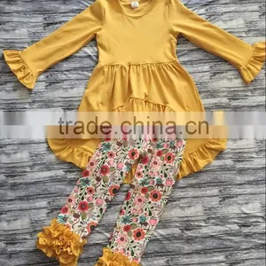 New Design Baby Girl Yellow Top Dress Yellow Ruffle Floral Print Pants Boutique Clothing Set thumbnail-1
