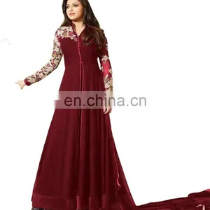 Women's 2017 Party Wear Long Anarkali Style Georgette Salwar Kameez With Thread Embroidery (Semi Stitched) thumbnail-1