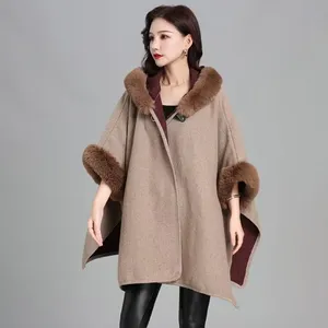 European and American Imitation Rex Rabbit Fur Collar Hooded Large Cape Cape Knitted Cardigan Fur Coat Woman thumbnail-3