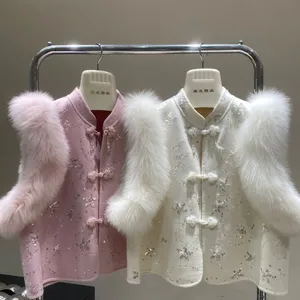 New Fox Fur Vest, Double-sided Wool Tweed Coat, Heavy Industry Vest, Chinese-style Button-down Short and Elegant Coat thumbnail-1