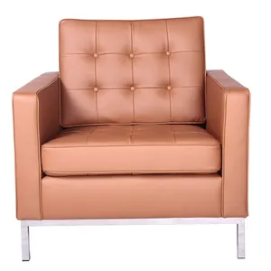 Florence Knoll Style Tufted Leather Armchair, Modern 1-Seater Sofa Chair With Stainless Steel Base for Living Room Hotel thumbnail-1