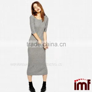 Stylish Round Neck Long Sleeve Cashmere Knitted Dress For Women thumbnail-1