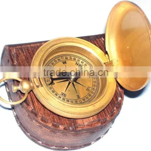 Antique Brass Maritime Gift - Push Button Nautical Compass With Leather Case 13500 thumbnail-4