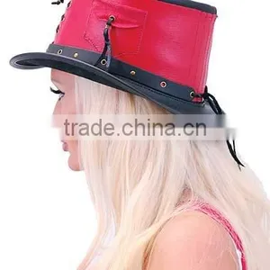 SteamPunk Red Lace Up Black Leather Top Hat W/Pocket thumbnail-4