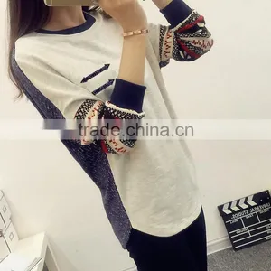 2016 Korea Fashion New Women's Long Sleeve TShirt Loose Patchwork Cotton Tops Lady Casual Blouse thumbnail-2