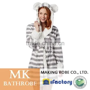 Grey Striped Animal Ear Hooded Fleece Winter Dressing Gown for Ladies thumbnail-1
