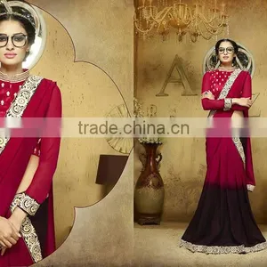 Viscose Red Resham Work Lehenga Saree thumbnail-1
