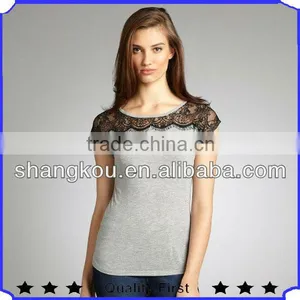 Lace Trimmed Knitted Grey Ladies t Shirt thumbnail-1