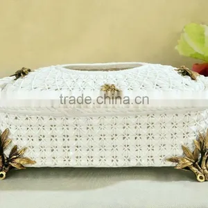 White Color Basket Design Golden Brass Insect Decorative Ceramic Tissue Box thumbnail-1