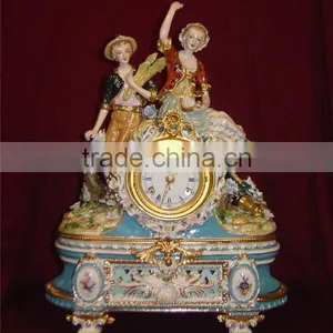 Vintage Art Decorated Ceramic Enamel Table Clock, Ornate Angel Playing Instrument Gilt and Turquoise Desk Clock thumbnail-3
