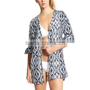 Swim Cover Up Women Lightweight Cotton Button-Down Shirt Dress Printed Kaftan Casual Long Sleeve Beach Wear Cover Up thumbnail-2