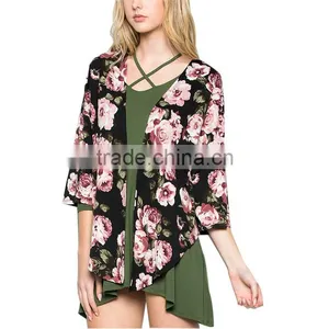 Top Selling Products In Trendy Style Soft Cardi Breezy Black Floral 3/4 Sleeve Knitwear Cardigan thumbnail-1