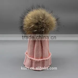 Winter Kids Fur Pom Pom Hats Baby Knitted Beanie 100% Real Raccoon Fur Cap For Boy Girl thumbnail-3