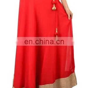 Indian Georgette Red Gotta Patti Lehenga Skirt Gyspy Bohemian Belly Dance Hippie Boho Skirts For Navratri With Tassel Wholesale thumbnail-4