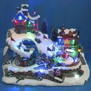 Polyresin Christmas Decoration 11“ Fiber Optic Church With Rotating Tree and Skating Childs, Eight Songs Music thumbnail-4