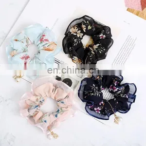 Women Vintage Big Bowknot Scrunchies With Pearl Print Flower Hair Ties Hair Holder Rubber Bands Gum For Hair thumbnail-1