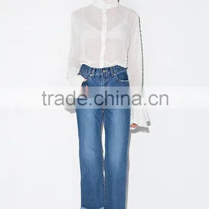 Lady's Long Sleeve Stand Collar Transparent Chiffon Blouse thumbnail-5