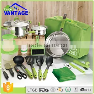 23 Pcs Silicone Handle Stainless Steel Non Stick Camping Cookware Kitchen Set thumbnail-1