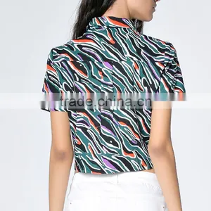 Custom OEM Service Women All Over Printed Swallow Tail Short Sleeve Lady Blouse & Top With Stand Collar thumbnail-5