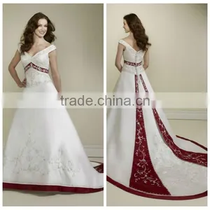 Satin Deep v Neck Long Train Red White Wedding Dress thumbnail-1