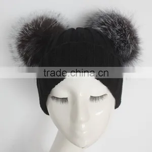 Myfur Black Double Silver Fox Fur Pom Puff Knitted Funny Cute Beanie Hats thumbnail-1