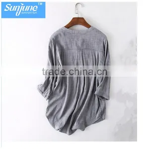 High Quality Womens Long SleeveCotton and Linen Plain Gray Casual Blouse thumbnail-2