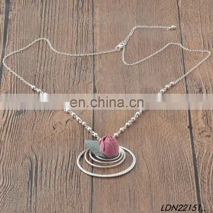 Beautiful Sterling Silver Concentric Circle Flower and Leaf Pendant Fashion Long Charm Geometric Necklace thumbnail-3