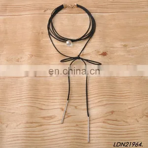 Long Black Layered Leather Thin Double Wrap Choker Bolo Necklace With Gold Tip- Vegan Faux Suede Accessories thumbnail-2