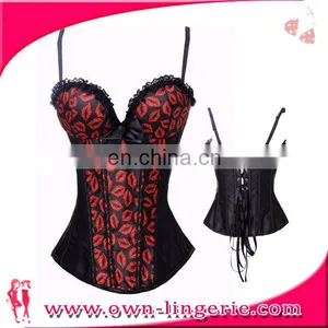 in Stock Printed Red Lips Waist Corset Black Lace Bustier Corset for Woman thumbnail-1