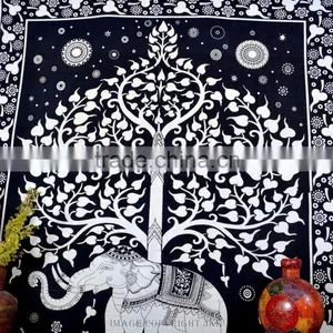 Indian Tapestry Cotton Tree Elephant Print Black Vintage Wall Hanging Tapestries Throw Bedsheet thumbnail-2