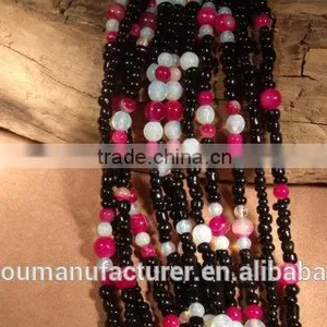 Black Glass Beads Moonstone and Pink Stripped Agate Bracelet thumbnail-1