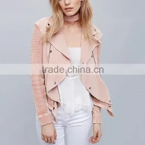 New Arrivals Autumn Winter Cropped Crochet Moto Ruffled Fashion Pink Jacket Girls thumbnail-2