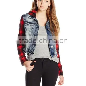 RECHEEL Ladies Junior's Denim Jacket With Plaid Sleeves thumbnail-1