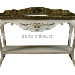 Exquisite Wood Carved Bathroom Vanity Table With Mirror, Retro Wooden Bathroom Vanity Cabinet With Sink thumbnail-1