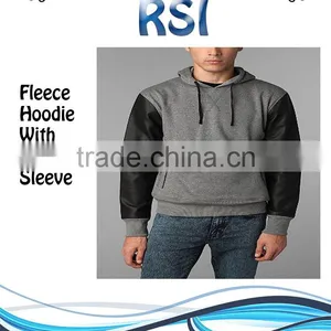 MEN FLEECE HOODIES WITH FRONT POCKET LEATHER SLEEVE thumbnail-1