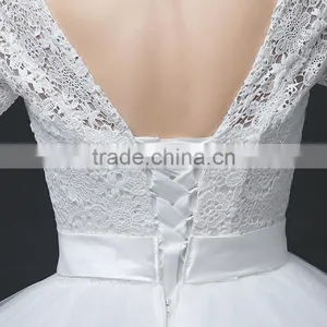 MGOO Custom Made Less 100 USD Tulle Lace Applique Wedding Dress Slash Neck 3/4 Sheer Neck Elegant Handmade thumbnail-5