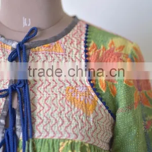 Vintage Kantha Kediyu Style Jacket in Beautiful Vintage Colors ~ Medium thumbnail-3