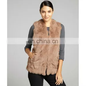 Taupe Rabbit Fur V-neck Vest /quality Supplier+OEM+ODM thumbnail-1