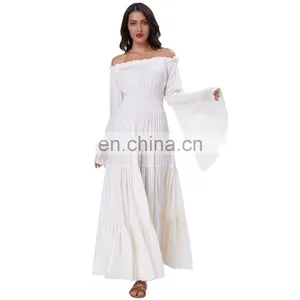 Belle Poque Retro Vintage Long Bell Sleeves Off Shoulder Cotton Flared A-Line Beige Long Maxi Dress BP000401-1 thumbnail-1