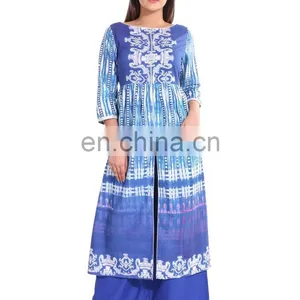 Designer Long Dress Cotton Flared Front Open Slit Boat Neck Blue Color 3/4 Sleeve For Women Manufacturer of Kurti India thumbnail-1