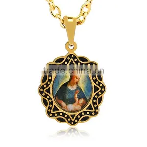 316L Coin Shape Black Enamel Virgin Mary and Angel Baby Pendant Holy Medal for Christian Prayers Vintage for Men and Women thumbnail-1
