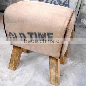 Canvas Leather Industrial Stool With Mango Wood thumbnail-1