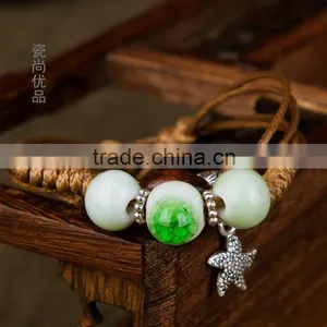 Handmade Vintage Porcelain Beads Bracelet Leather Woven Bracelets thumbnail-3