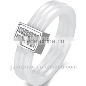 New Women's White Ceramic Wedding Band Ring Sets With Diamond Inlay thumbnail-1