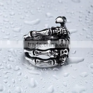 Mens Silver Black Vintage Skull Hand Bone Gothic 316Lstainless Steel Ring Band thumbnail-5