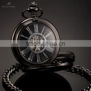 KS Antique Black Skeleton Dial Analog Hand Wind Men FOB Mechanical Pocket Watch thumbnail-3